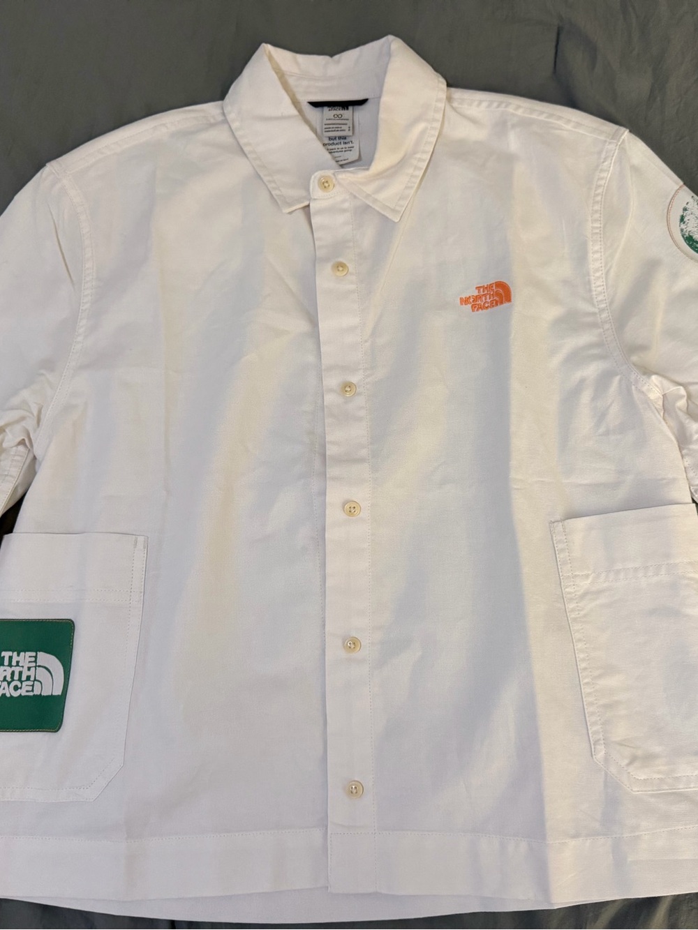The North Face White Button-Down Shirt Jacket with Orange Logo new sz small
